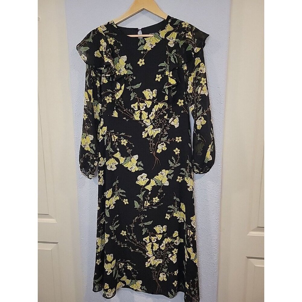 Who What Wear Floral Dress Size S Black Yellow Green Chiffon Long Sheer Sleeve